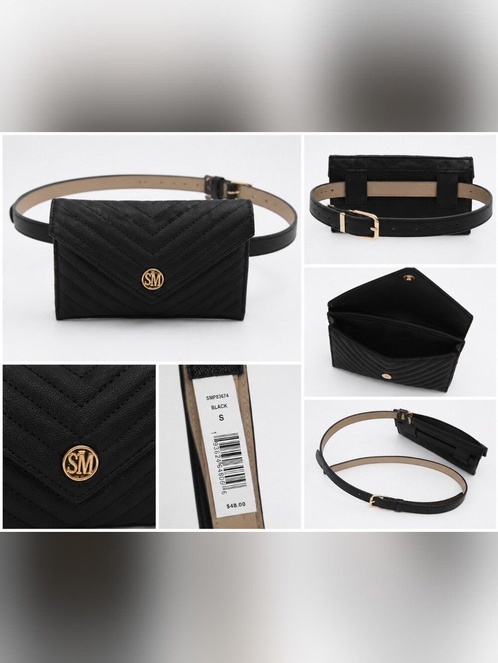 NWT Steve Madden Black Quilted Belt Bag Waist Pack Fanny Pack Gold Tone Small.